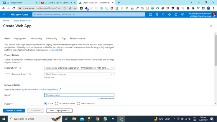 How To Create Azure App Using Azure Cloud Portal